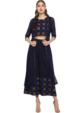 Janasya Navy Blue, Gold Print Crop Top, Pants & Jacket Size XXL